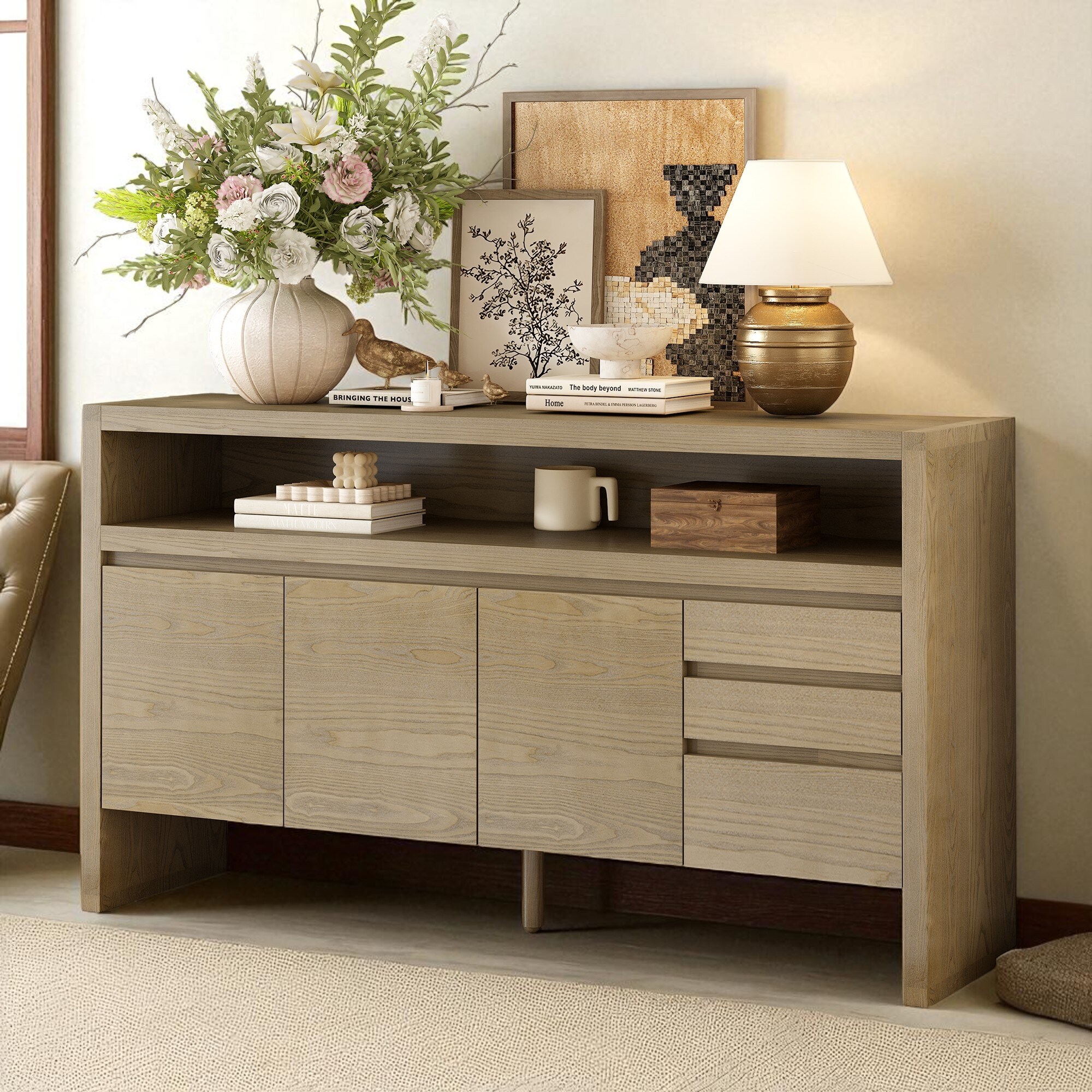 60" 3-Door Sideboard with 3 Drawers,Ash Veneer MDF Storage Cabinet with Semi-Open Shelf, Modern Buffet for Dining Room,Hallway