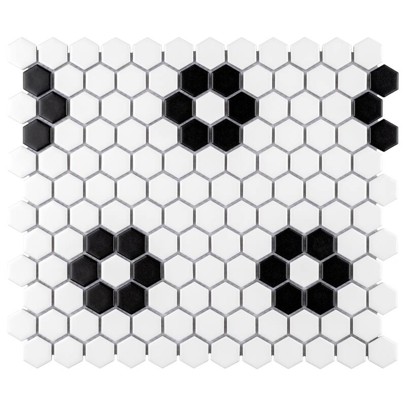 Merola Tile Metro 1" Hex Matte White w/Flower 10-1/4" x 11-7/8" Porcelain Floor and Wall Tile