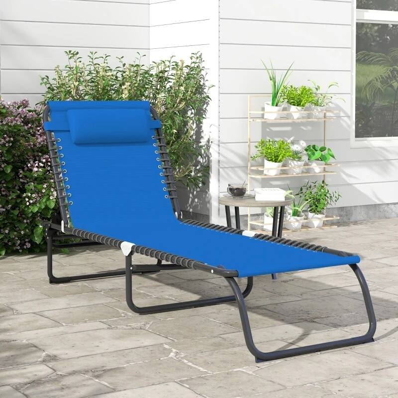 Foldable Chaise Lounge,4-Pos Recline,Trifold Portable,Breathable Mesh - Navy Blue