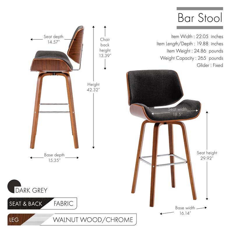 Porthos Home Onur Swivel Fabric Bar Stool with Wooden Legs and Chrome Footrest