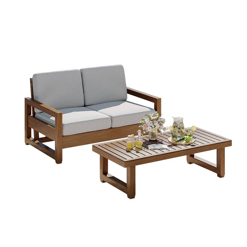 Teak Loveseat Patio Set with Cushions and Table (2-Piece)