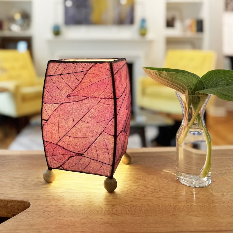 Handmade Mini Square Cocoa Leaf Table Lamp, Cocoa Leaves Shade, 6 x 6 x 9 in.