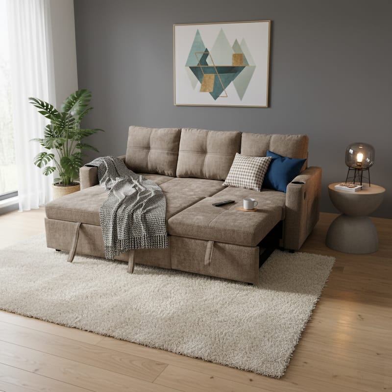 Modern Contemporary Convertible Chaise Storage Sleeper Sectional - Dark Grey