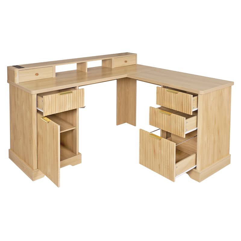 Executive L Shaped Desk Home Office Desk with Charging Station, Corner Computer Desk with Monitor Stand, Drawer, Storage Cabinet