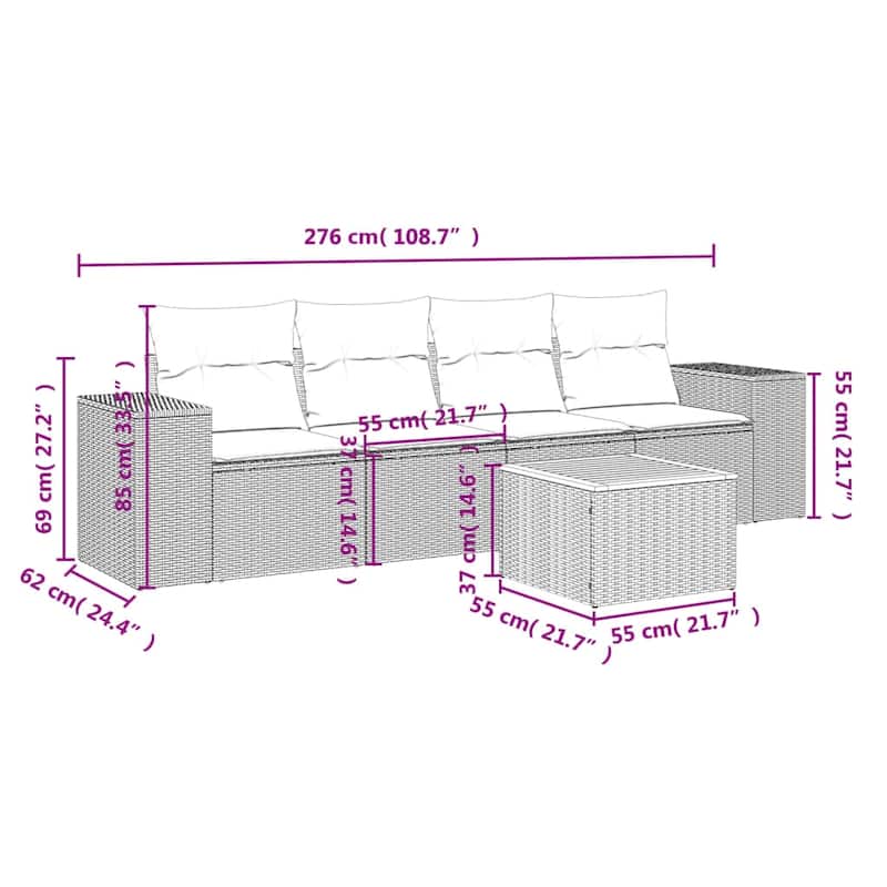 vidaXL Patio Sofa Set with Cushions Outdoor Furniture 5 Piece Poly Rattan - 21.7 x 24.4 x 27.2