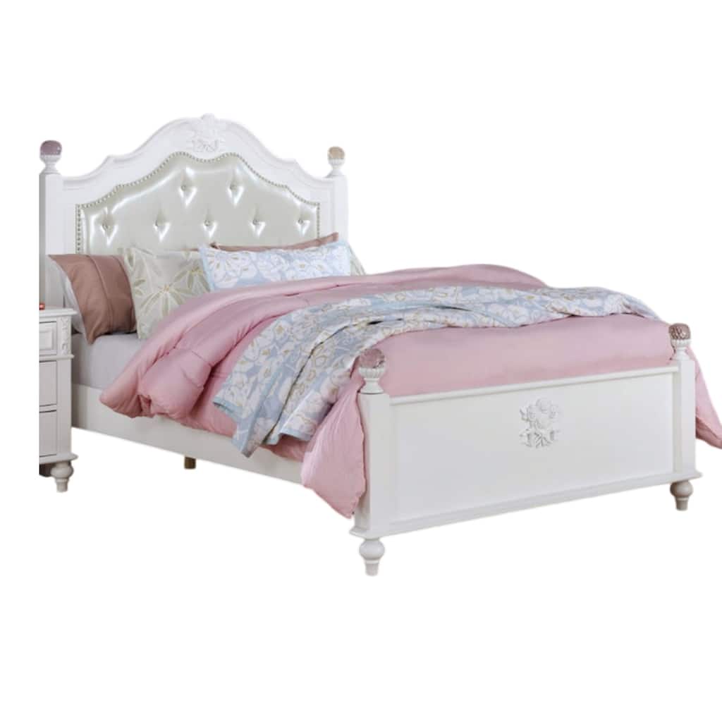 Bela Twin Size Bed w Button Tufted Headboard, White Faux Leather