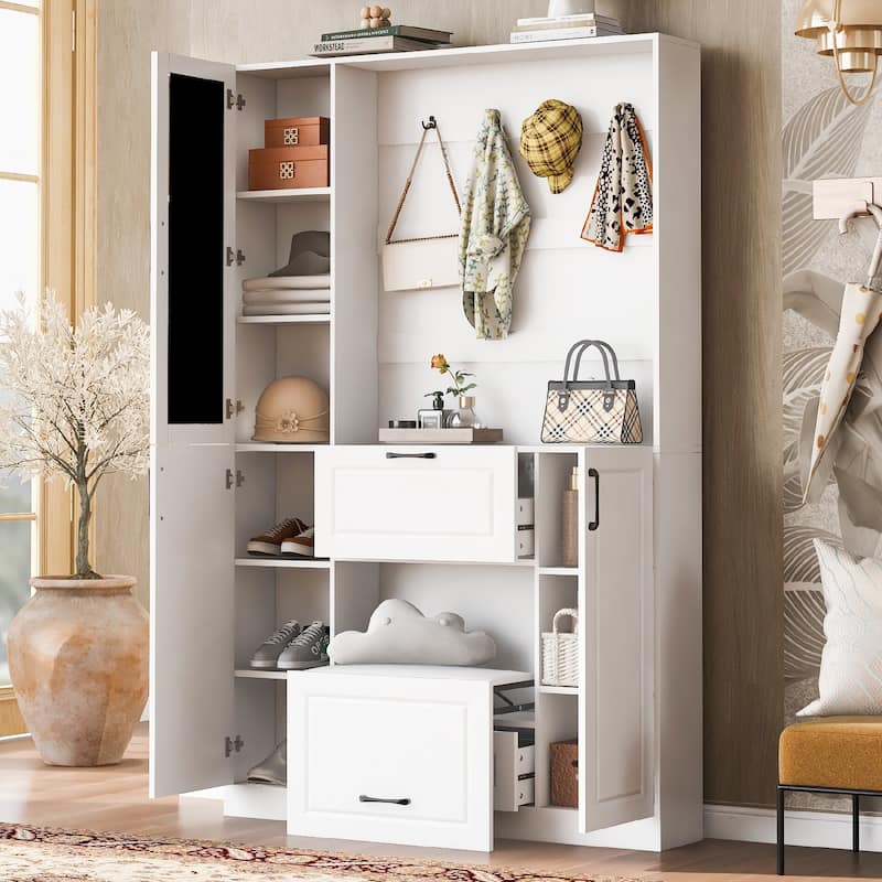 51.1'' Entryway Bench with Integrated Shoe Cabinet,Mirrored Cabinet Door,4 Sturdy Hooks and Foldable Seat