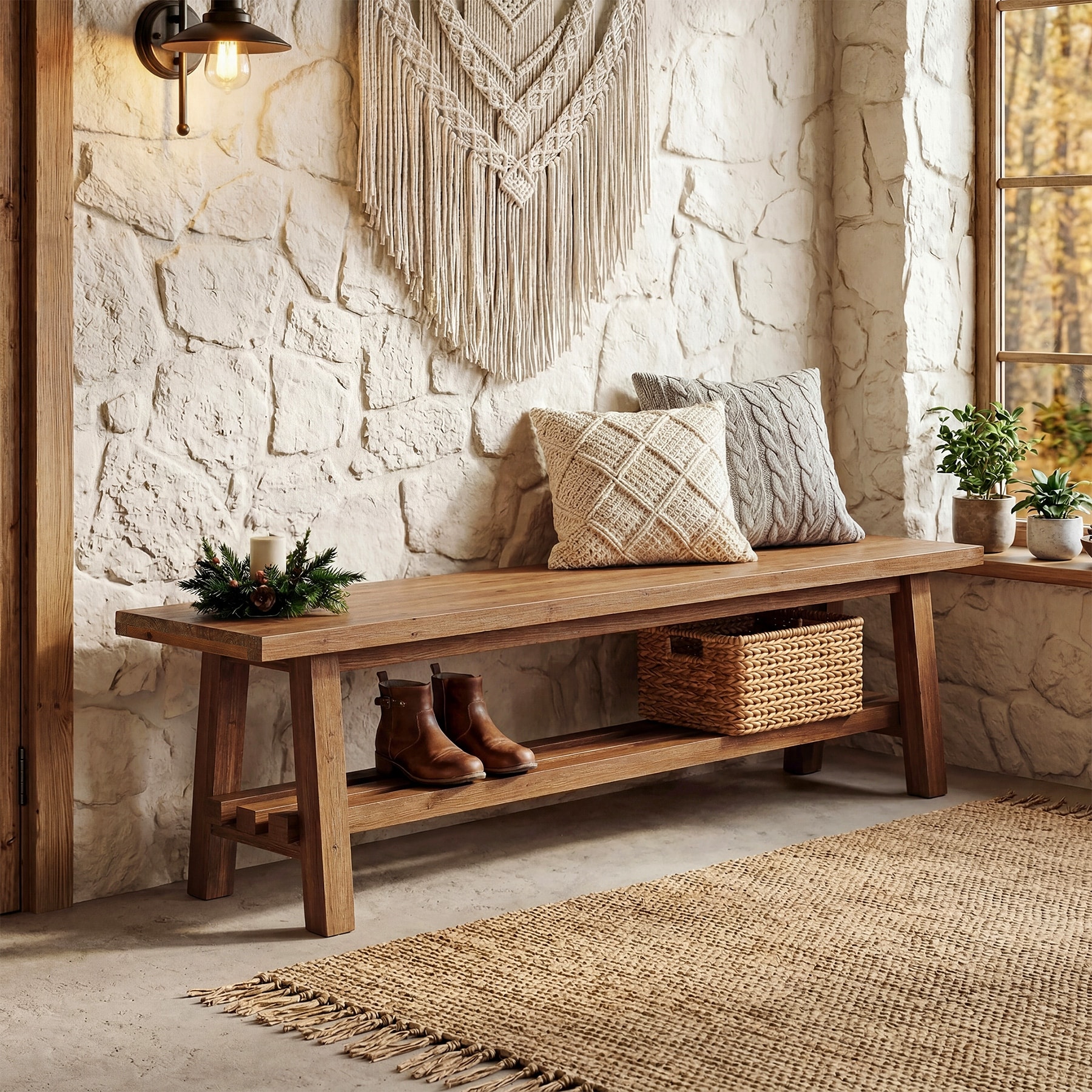 Solid Wood Entryway Bench, 55" Long Shoe Bench for Hallway, Living Room, Bedroom, End of Bed, Dining Room