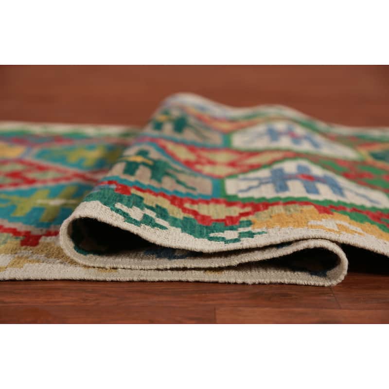 Multicolored Kilim Runner Rug Hand-Woven Geometric Wool Carpet - 2'10" x 16'0"
