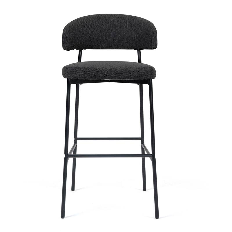 Set of 2 Bennett Black Boucle Upholstered Fabric Bar Stool with Black Iron Legs