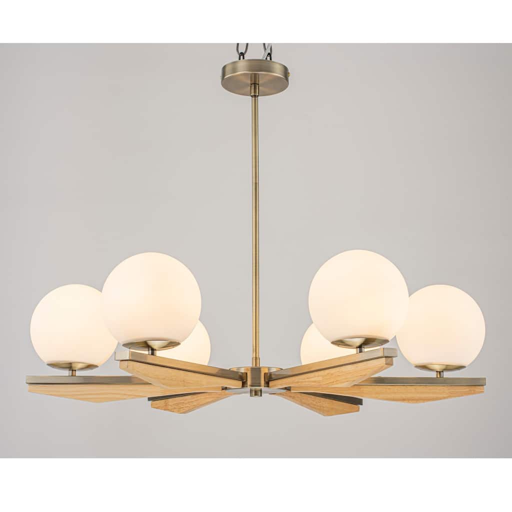 30" W Mid-Century Modern Antique Bronze Wood-Color 6-Light Adjustable Chandelier with Milk White Glass Globes for Living Room