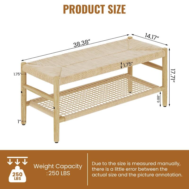 Solid Rubber Wood Entryway Shoe Bench with Hand Rope Design and Storage Shelf, Dining Bench, Boho Farmhouse Natural Shoe Rack