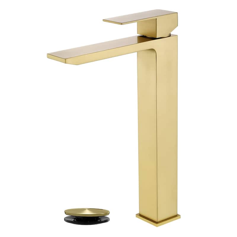 Waterfall Single Handle Bathroom Vessel Sink Faucet with Pop-up Drain 304 Stainless Steel 1 Hole High Tall Basin Vanity Taps - Brushed Gold