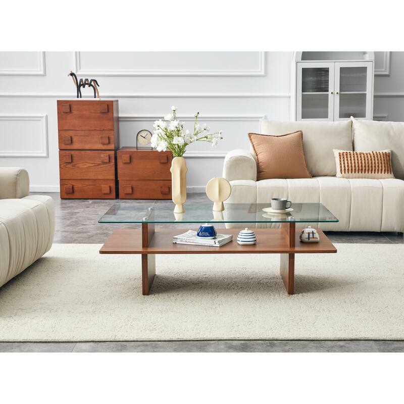 Modern Double-Tier Coffee Table with Tempered Glass Top & Walnut MDF Shelf - Contemporary Living Room/Office Accent Furniture