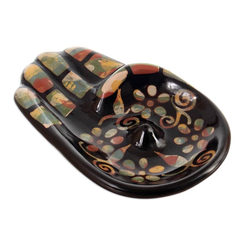 Novica Handmade Colorful Hamsa Ceramic Incense Holder