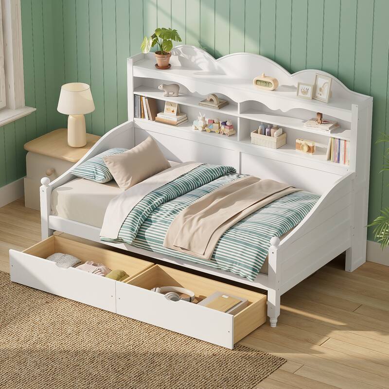 Twin Daybed with Storage Drawers and Headboard Shelving Wooden Frame