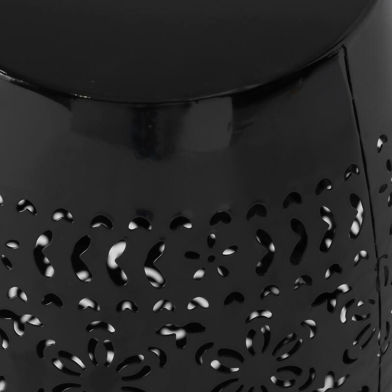 Side Table, Lace Cut Metal End Table for Outdoor & Indoor Use, Barrel Shape Accent Table, No Assembly Needed