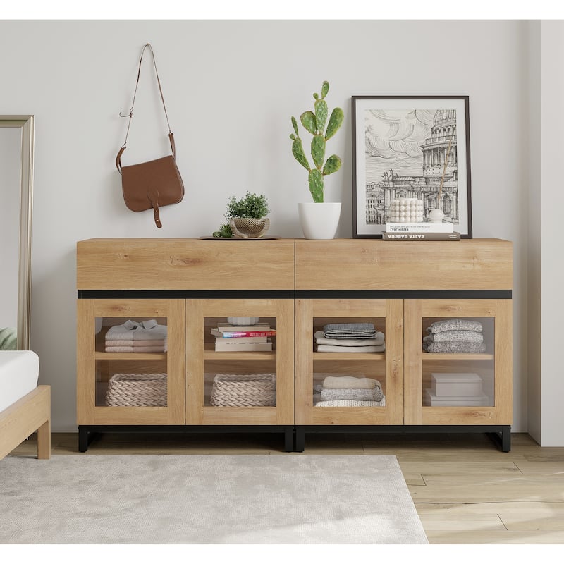 Modern Dresser With Glass Doors, Drawer, And Adjustable Shelf - Multifunctional Storage Cabinet For Living Room Or Bedroom - Oak - 2-drawer