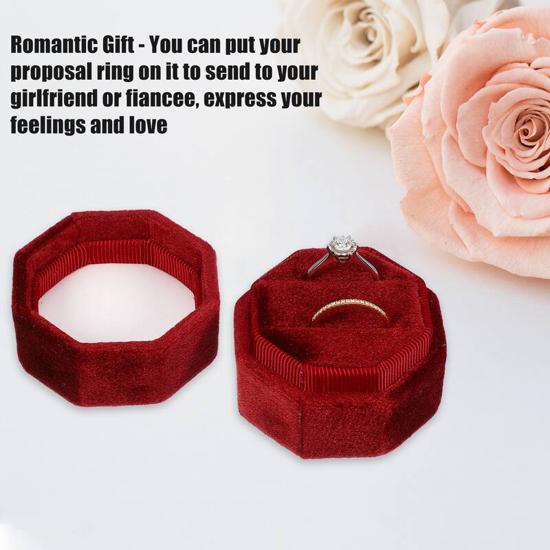 Velvet Ring Box, Double Ring Box 2 Slots Display Holder Jewelry Storage for Wedding - Dark Red