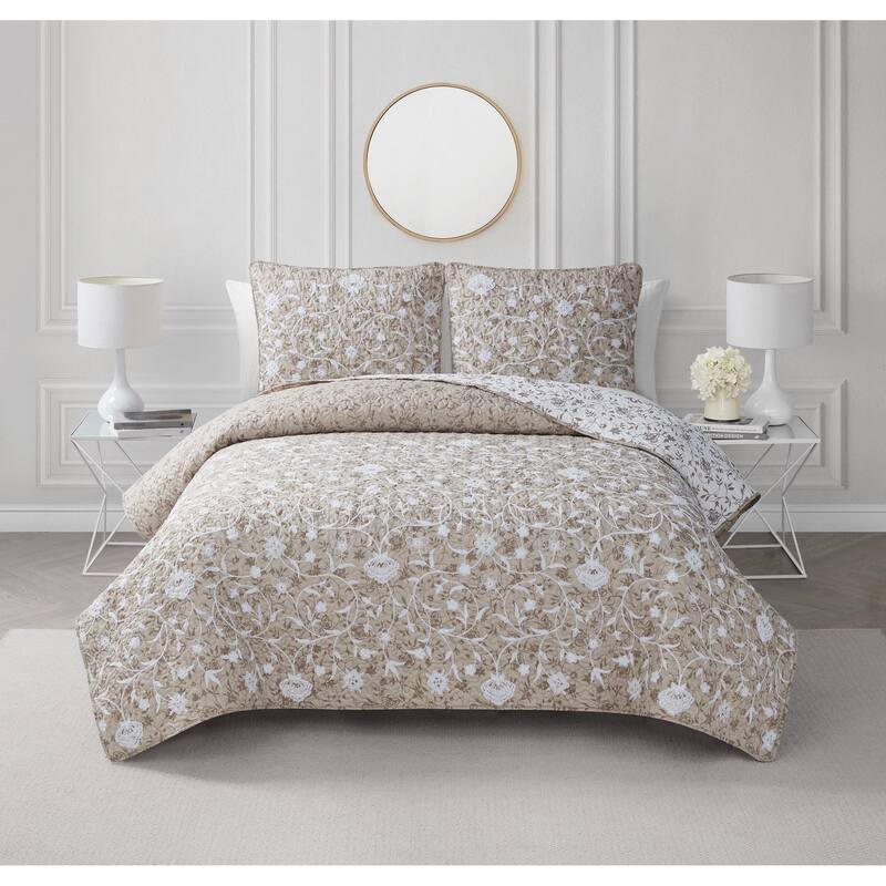 CEDAR COURT Kendall Vine Leaf Embroidery Taupe Neutral All-Season Reversible Soft Microfiber Quilt Set - King