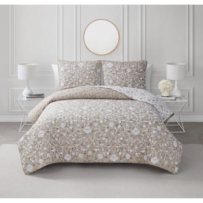 CEDAR COURT Kendall Vine Leaf Embroidery Taupe Neutral All-Season Reversible Soft Microfiber Quilt Set