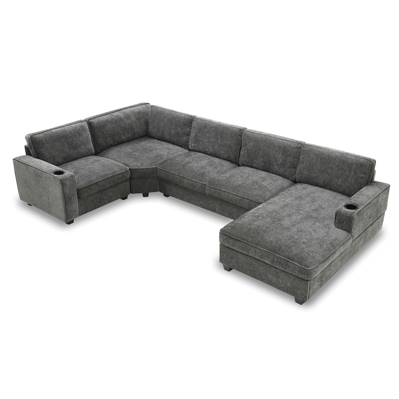 Roomfitters 119" U Shaped Sectional Sofa, 6 Seat Chenille Corner Couch with Deep Wide Seat and Chaise Lounge