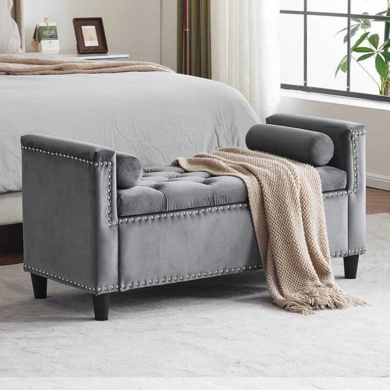 Storage Bench For Bedroom/Living Room,44.5-Inch Velvet Button Bench with Armrests - Light Gray