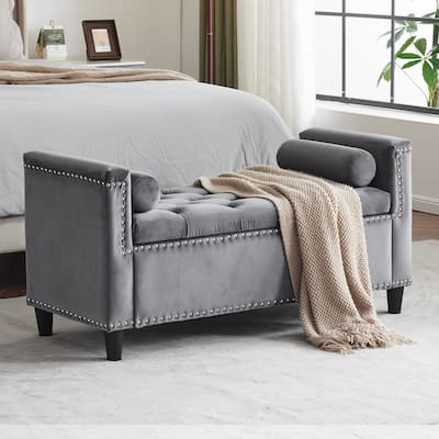 Velvet Bedside Storage Bench with Armrests & Nailhead Trim