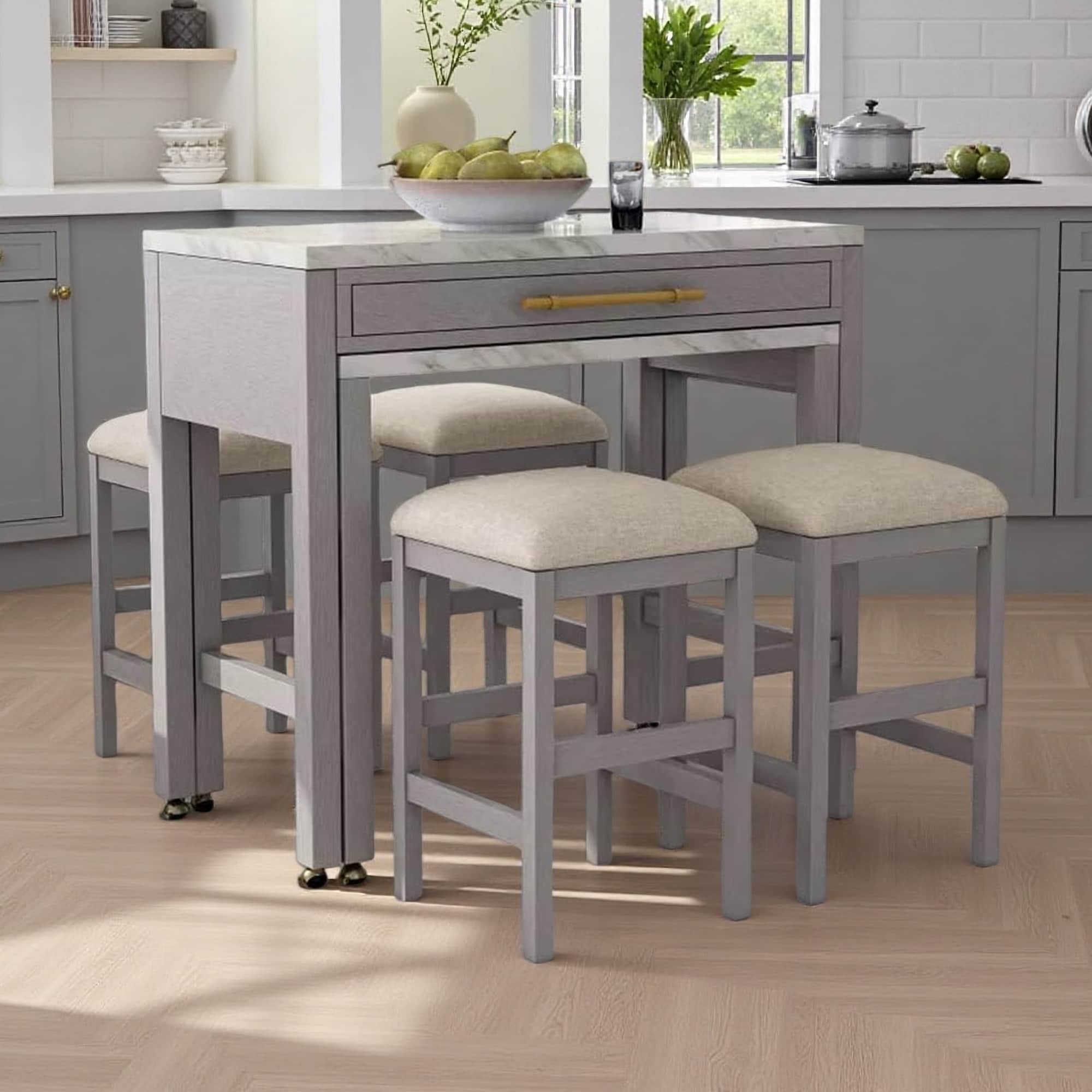 5-Piece Rustic 39"L Counter Height Dining Set with Faux Marble Top, Storage & Fabric Stools