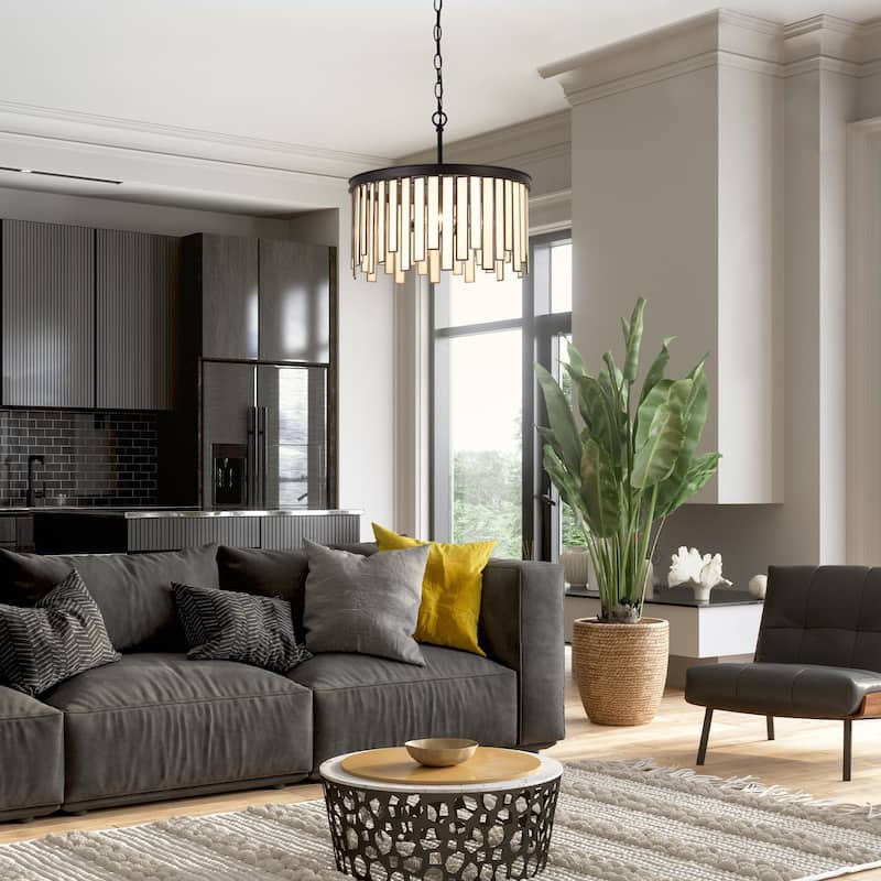 Tifany Modern 3-Light Drum Black Chandelier Glass Foyer Island Light for Dining Room - D16"* H15"
