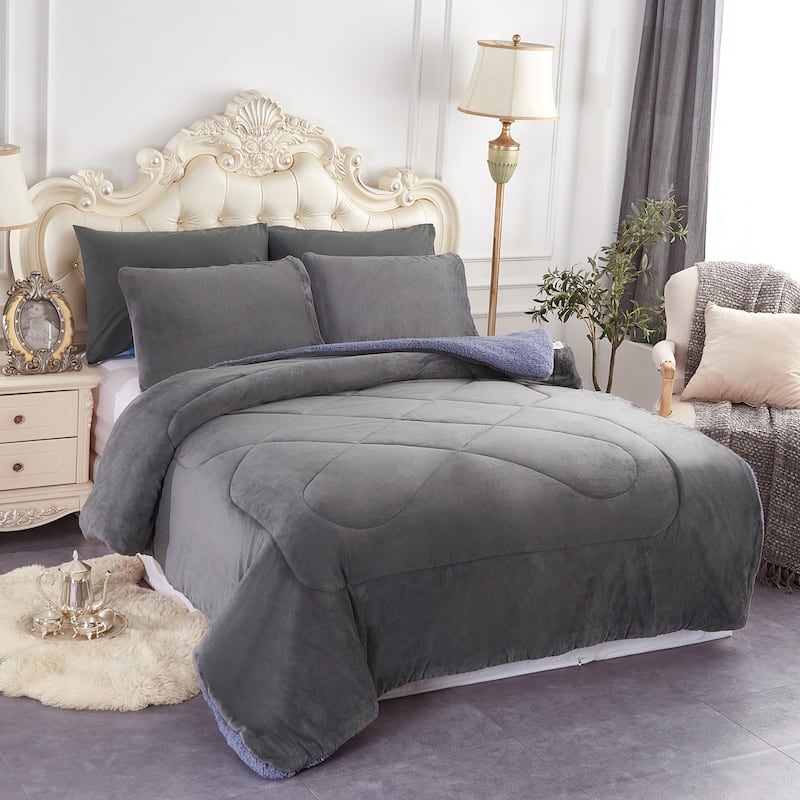 Fleece/ Sherpa Down Alternative 3-piece Comforter Set - Grey - Queen