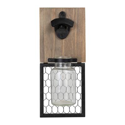Foreside Home & Garden Rustic Wood and Chicken Wire Wall Mount Beer Bottle Opener with Glass Basket