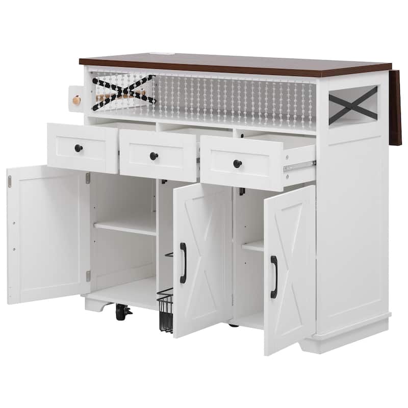 46.5" Farmhouse Kitchen Island Cart with Drape of Beads, Power Outlet, Rolling Kitchen Cart on Wheels with Drop Leaf