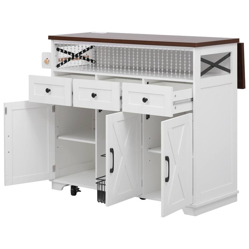 Roomfitters 46.5" Rolling Kitchen Island with Drop Leaf, Mobile Cart with 2 AC Outlets & USB, Beaded Drape & 3 Drawers