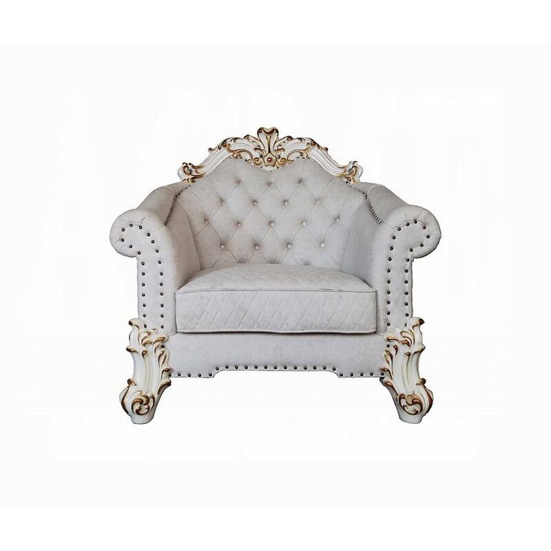Antoine Accent Chair, 2 Pillows, Tufted Ivory, Antique Pearl White