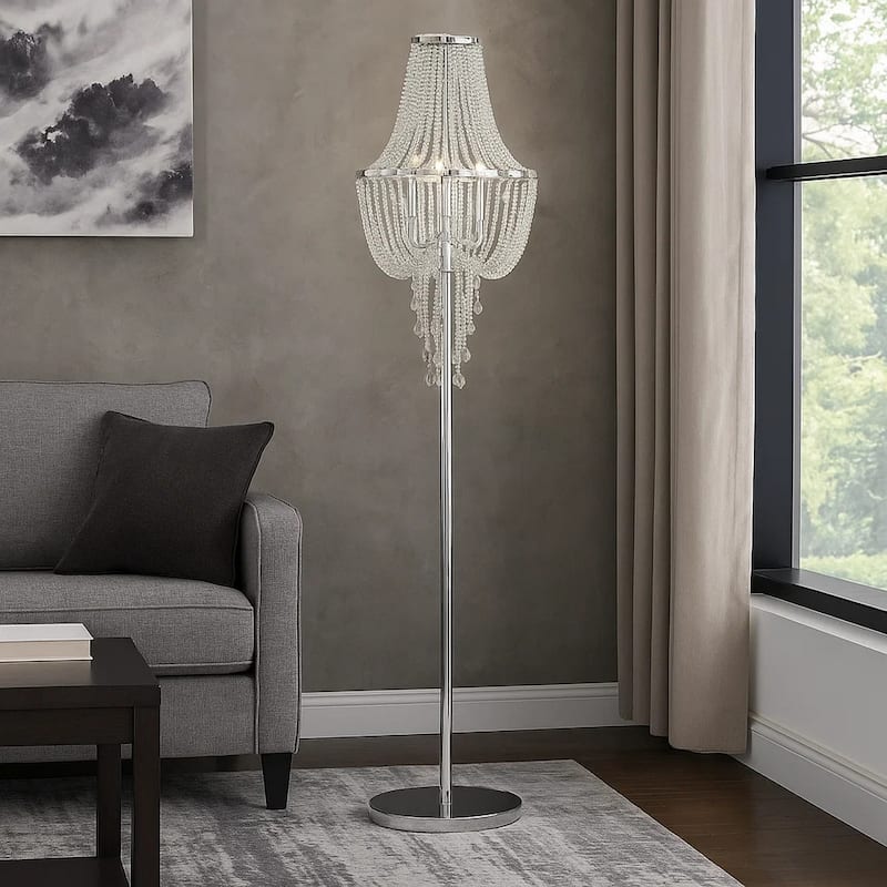 Cara 62 Inch Floor Lamp, Hanging Drop Design, Crystal and Metal, Chrome