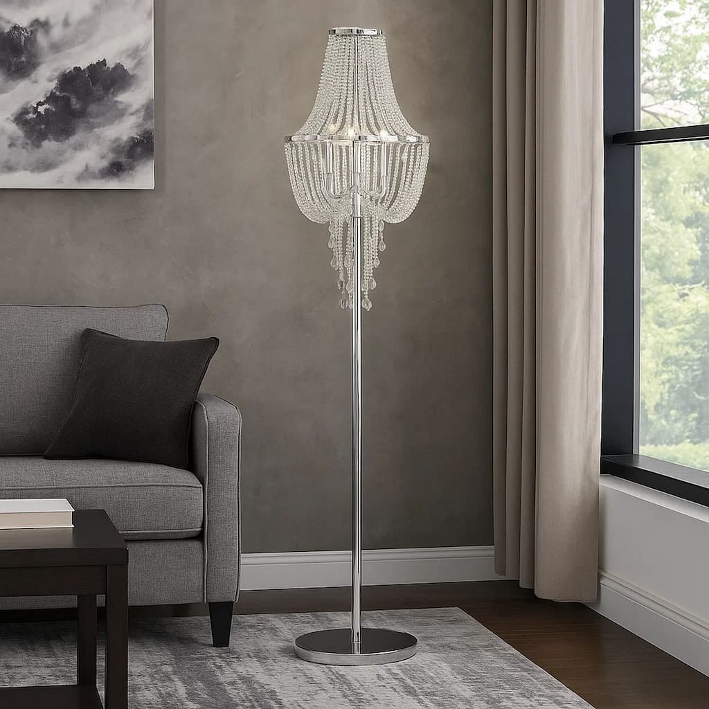 Cara 62 Inch Floor Lamp, Hanging Drop Design, Crystal and Metal, Chrome
