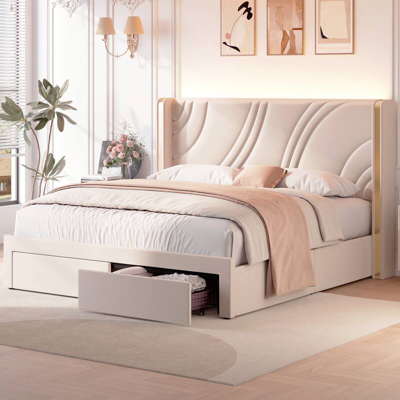 Upholstered LED Bed Frame with Storage Drawers, Velvet Platform Bed with Wingback Headboard, RGB Light