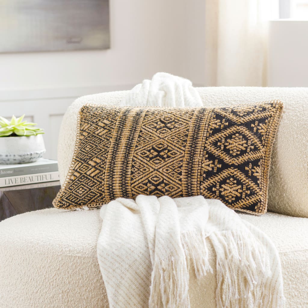 Rollae Cotton and Jute Detailed Damask Lace Lumbar Pillow