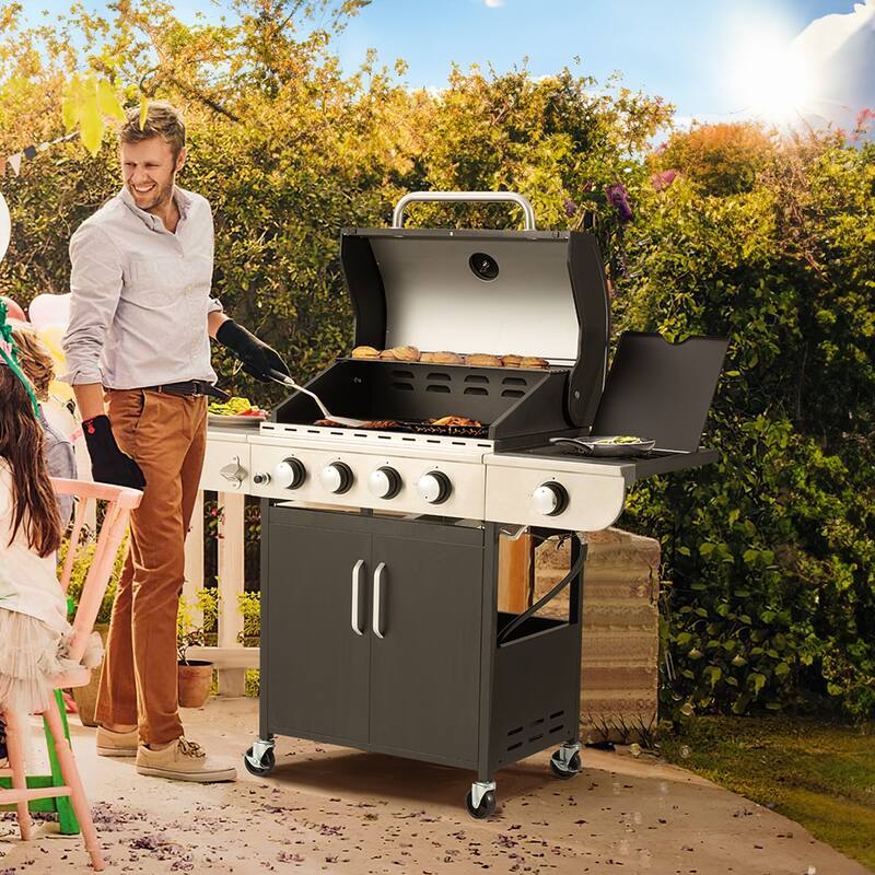 EROMMY Outdoor Propane Gas Grill - 58,000 BTUs Stainless Steel Patio Barbecue with Burner, Side Table, and Stove,Black - N/A - Black - Propane Gas