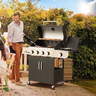 EROMMY Outdoor Propane Gas Grill - 58,000 BTUs Stainless Steel Patio Barbecue with Burner, Side Table, and Stove,Black - N/A