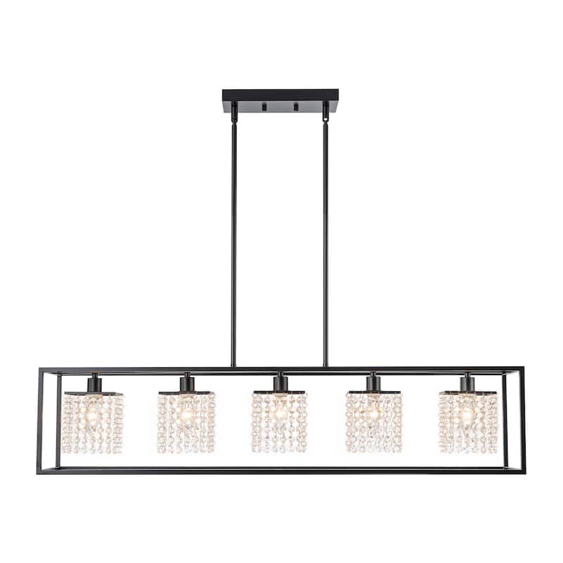 5-Light Modern Black Glam Rectangular Island Large Crystal Chandelier - 39.37 in. W x 8.66 in. D x 8.66 in. H