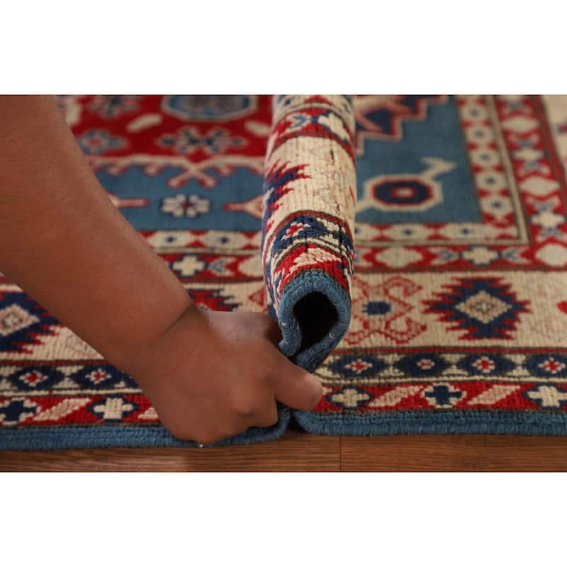 Blue Geometric Kazak Oriental Accent Rug Hand-Knotted Wool Carpet - 3'6"x 4'6"