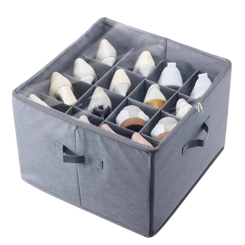 Under Bed Shoe Organizer with Dividers and Clear Cover for Storage - 17 x 17 x 12.4 in