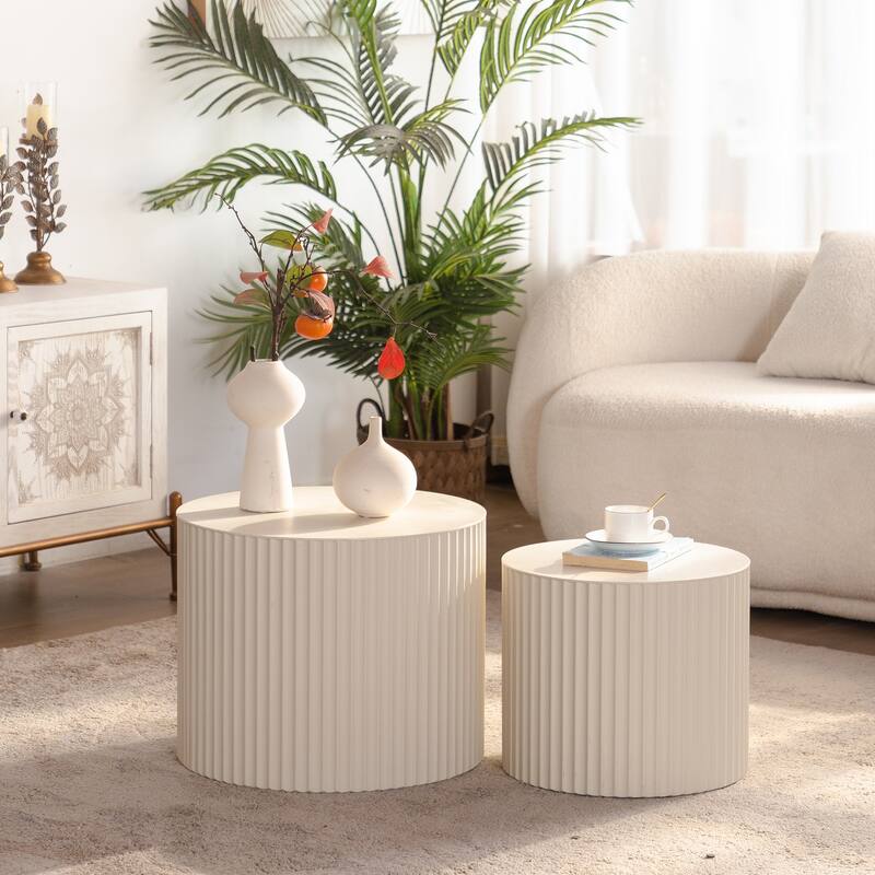 GDFStudio - Set of 2 Modern Wave Stripe Nesting Coffee Table Round Drum Accent Tables