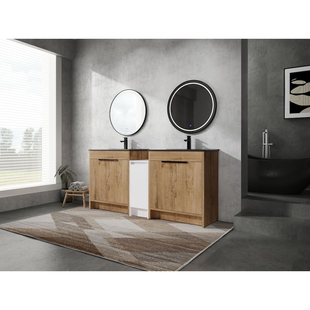 72" Freestanding Bathroom Vanity Set with Adjustable Storage Cabinets, Black Ceramic Sink