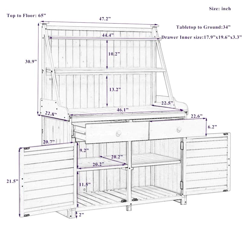 Fir Wood Workstation with Storage Shelf, Drawer and Cabinet, 65inch Garden Potting Bench Table