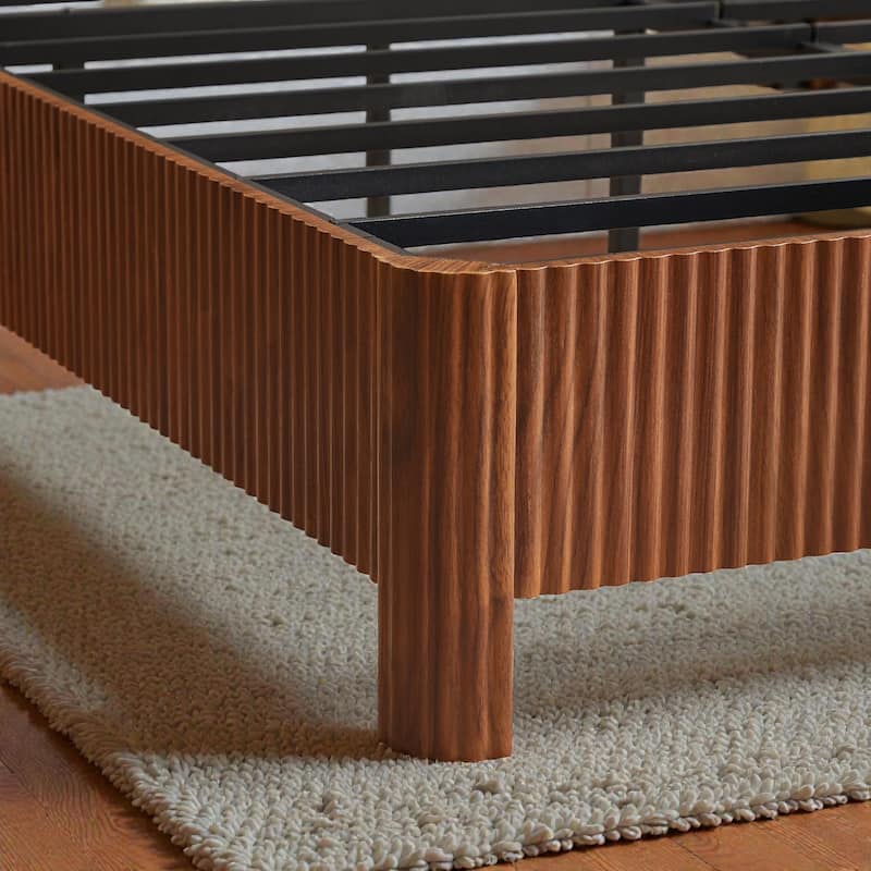 Wood Bed Frame with Corrugated Curved Wood Panels, Heavy Duty Metal Support, No Box Spring Needed