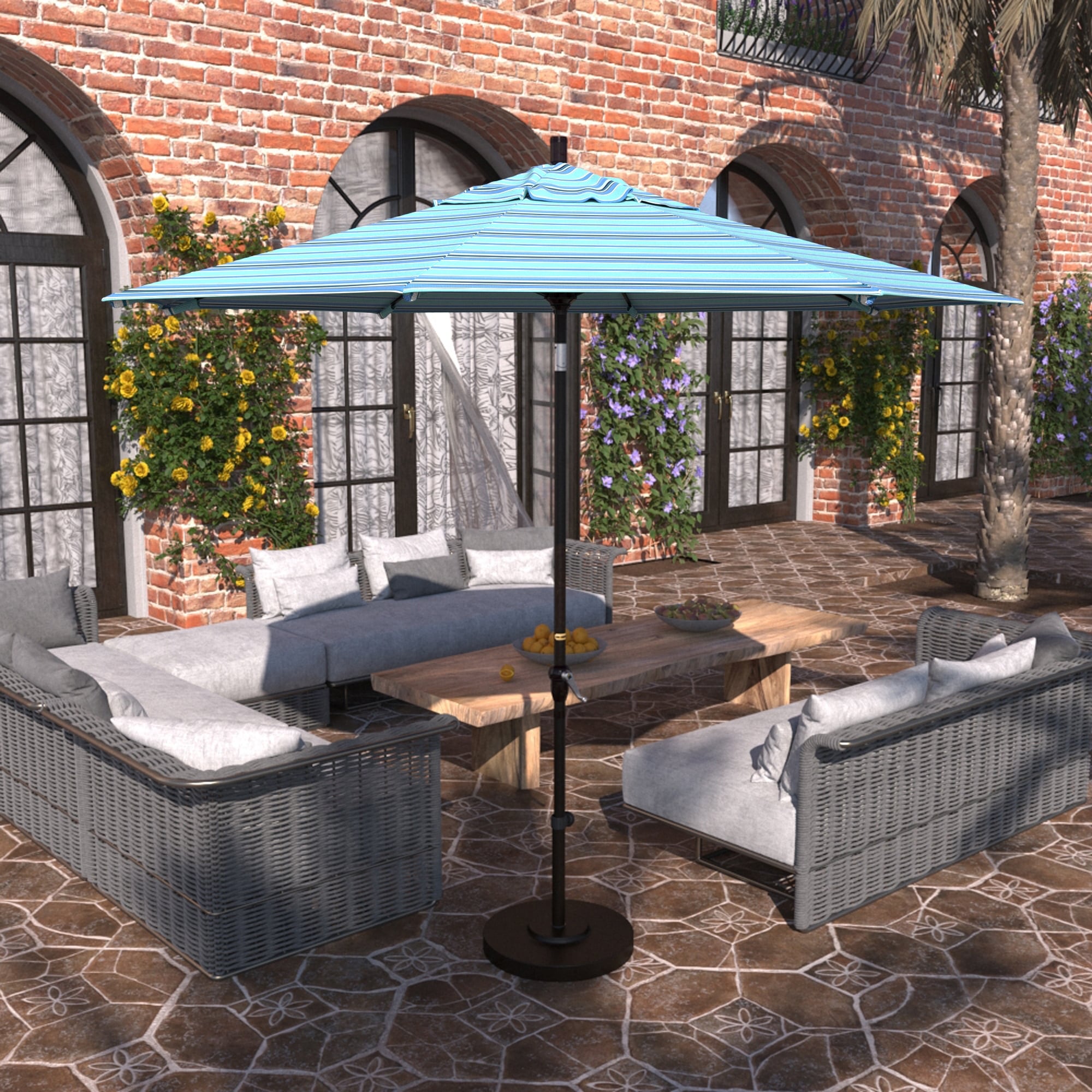 9 auto tilt sunbrella patio umbrella Treasure Garden 9' with Fabric Bronze / Henna grade outdoor umbrella SimplyShade Aruba 9' Octagon Auto