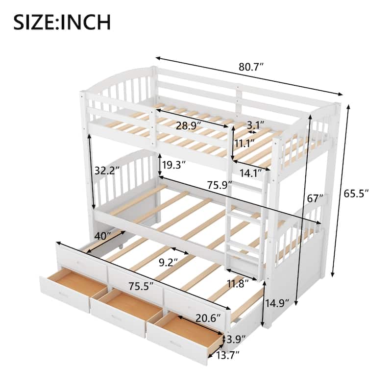 Twin Over Twin Wood Bunk Bed with Trundle and Drawers